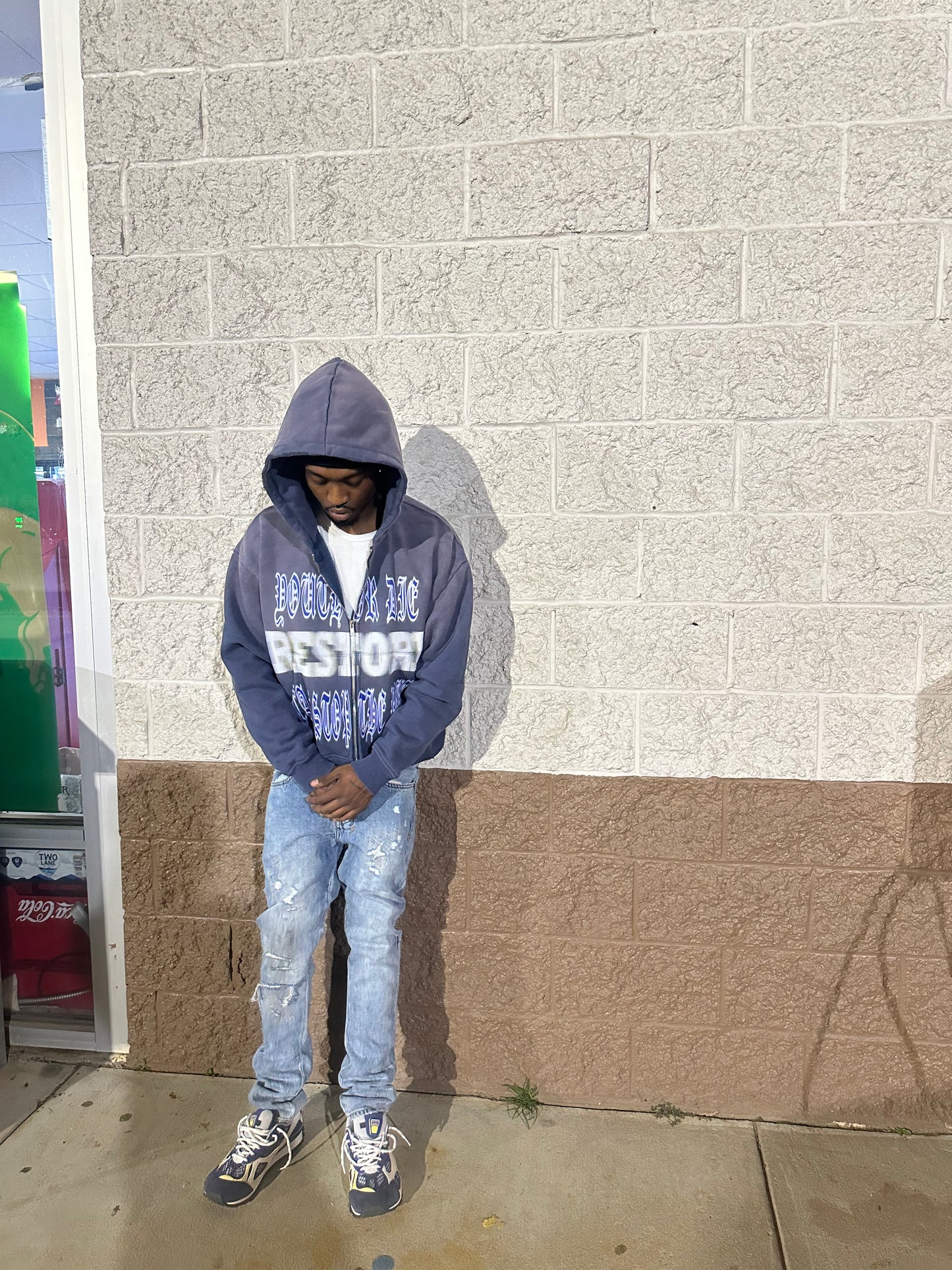 Navy Washed Distressed Old English Zip Up
