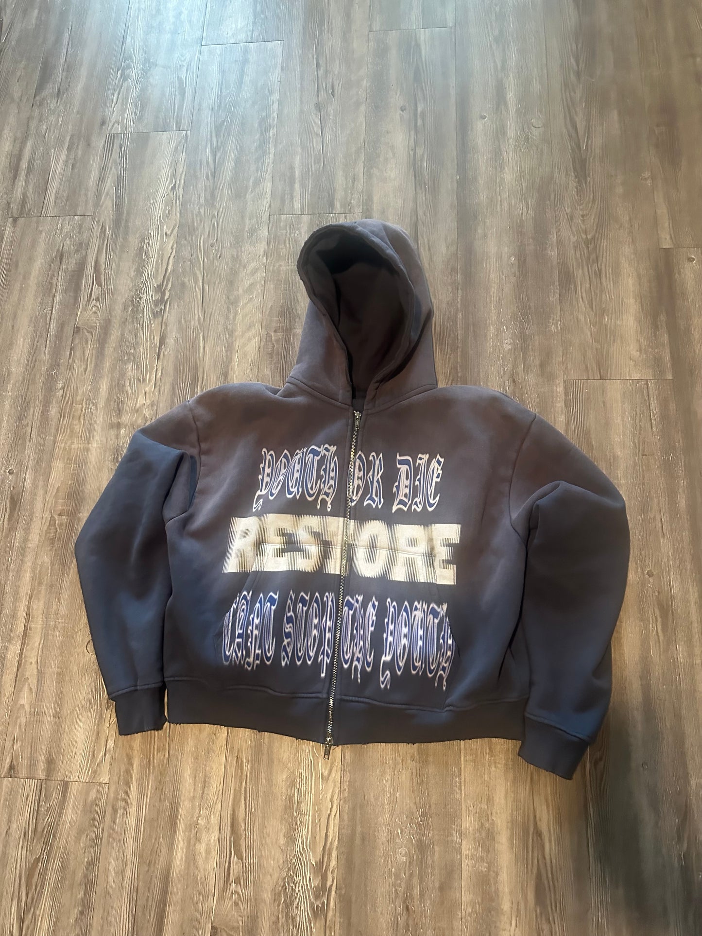 Navy Washed Distressed Old English Zip Up