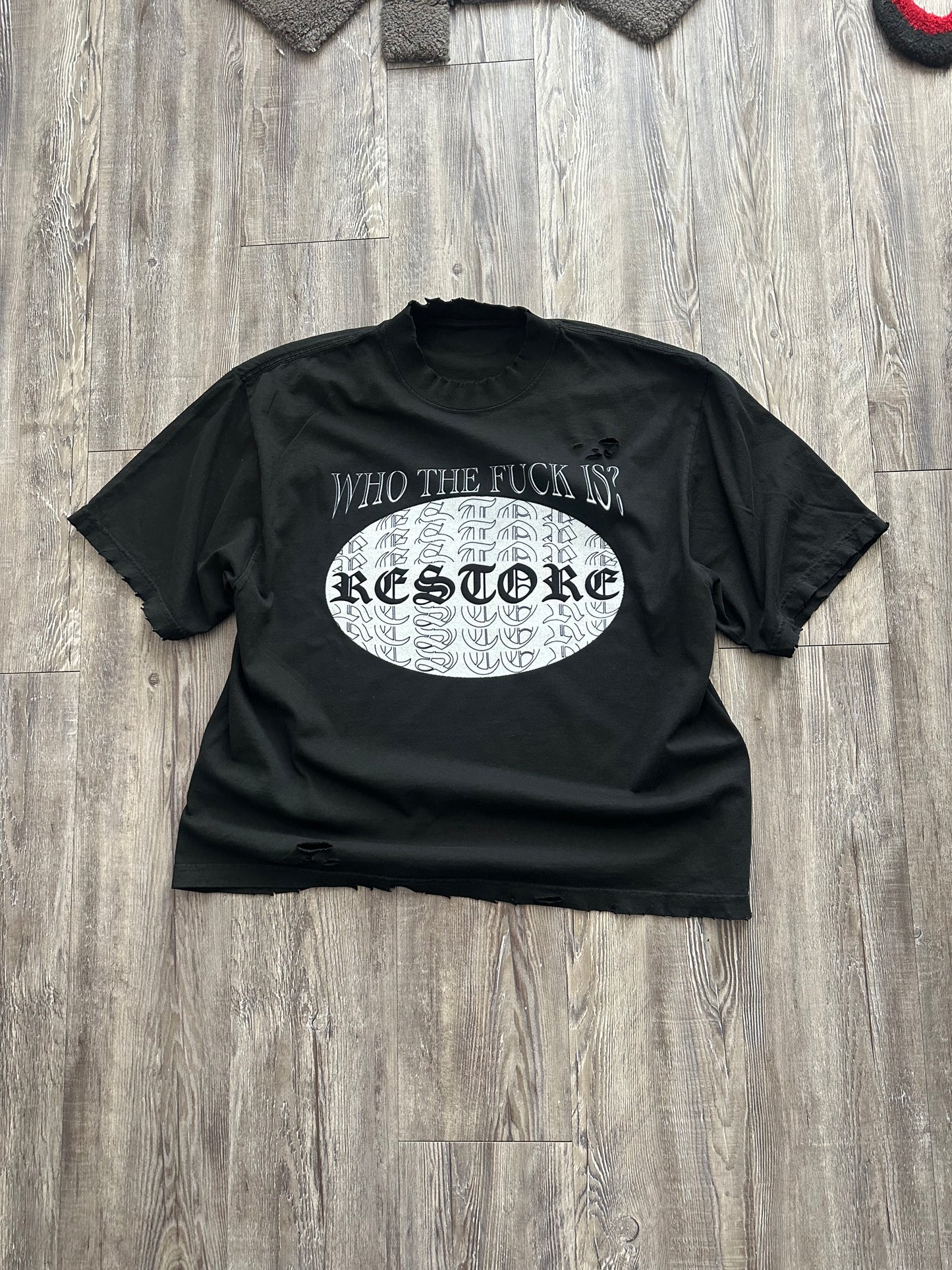 W T F I R Drop Shoulder Distressed Black Tee