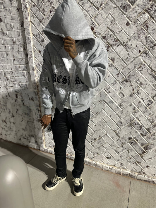 GREY DISTRESSED OLD ENGLISH ZIP UP