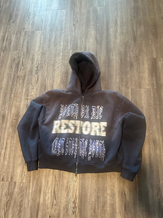 Navy Washed Distressed Old English Zip Up