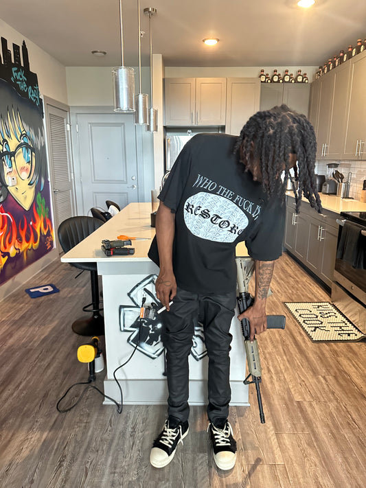 W T F I R Drop Shoulder Distressed Black Tee