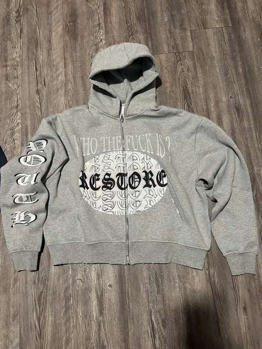 GREY DISTRESSED OLD ENGLISH ZIP UP